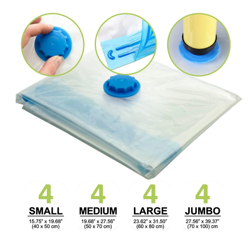 Smart Storage 16 Pack Vacuum Storage Bags, Space Saver Bags (4 Jumbo/4 Large/4 Medium/4 Small) Vacuum Sealer Bags for Clothes Storage with Travel Hand Pump - Image 2